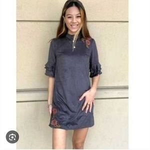 THML Gray Faux Suede Boho Dress with Floral Embroidery Medium